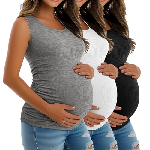 Riyiper 3 Pack Women's Maternity Tank Tops, Sleeveless Cotton Pregnancy Shirts Ribbed Knit Sides Ruched Basic Mama Clothes