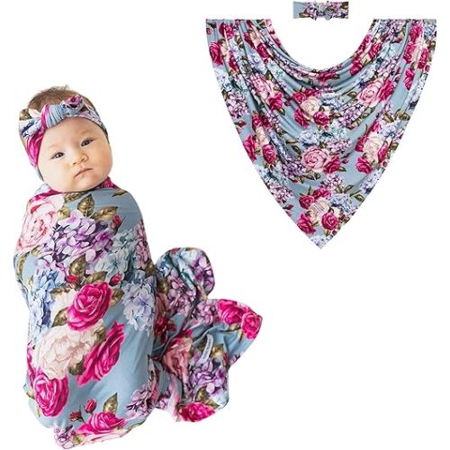 Posh Peanut Swaddle Blanket & Headband Set – Viscose from Bamboo Stretchy Baby Swaddle for Newborn Girls, Receiving Blanket or Nursing Cover (Lacey)