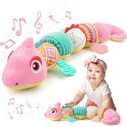 Baby Toys 0-6-12 Months, Musical Stuffed Animal Activity Soft Toys with Multi-Sensory Crinkle,Rattles and Textures,Infant Baby Girl Toys Gifts for Newborn Tummy Time,Dinosaur,Pink