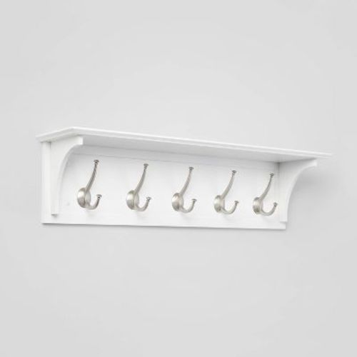 Wood Entryway with Shelf Ivory - Threshold™: Wall Mounted Coat Rack with 5 Hooks, Silver Plated Finish