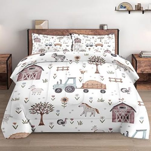 Full Size Comforter Set Farm Animal Soft 3 Pcs
Bedding, for Kids and Adults, with 2 Pillowcases, Tractor, House, Tree, Bedroom, Bed Decor