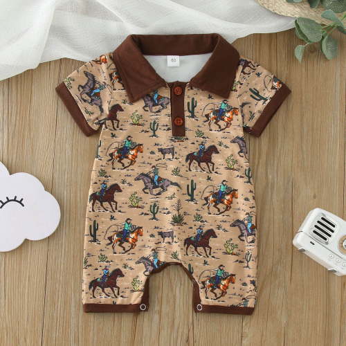 VOUZZA Bull Head Print Baby Boy Romper, Short Sleeve Western Cotton Jumpsuit, Summer Bodysuit Clothes, Size 0-18 Months