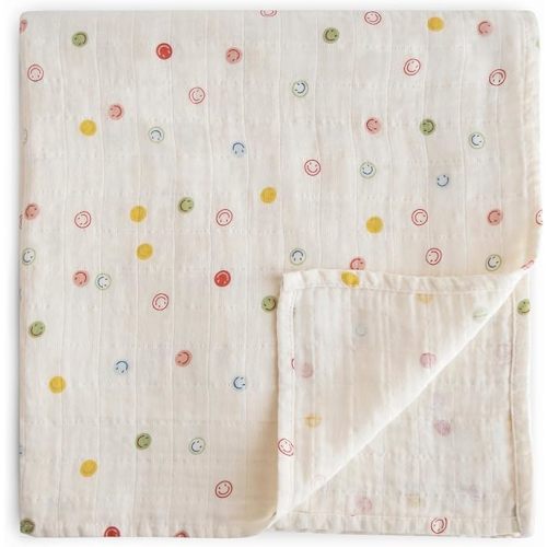 mushie Muslin Baby Swaddle Blanket | 100% Organic Cotton (Smiley Face)