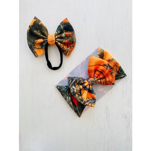 Orange Camouflage Bow: Nylon headband, Headwrap, Mommy & Me, Twisted Headband, Scrunchie, Piggies or Clip Bow