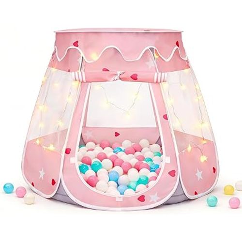 Pop Up Princess Tent with Star Lights for 1 2 3 Year Old Girl Birthday Gifts, Ball Pit for 12-18 Months Baby Girl Toys, Toddler Gifts with Carrying Bag, Indoor&Outdoor Play Tent for Kids (Pink Gray)