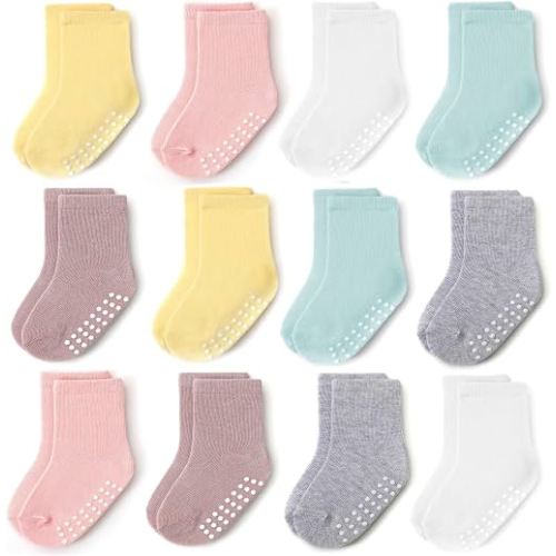Baby Toddlers Crew Socks with Non-Slip Grip 12 Pack Cotton Stretch Socks | Soft Breathable Cotton, Non-Slip Sole Grips, for Hardwood/Tile Crawling, Walking, Daycare