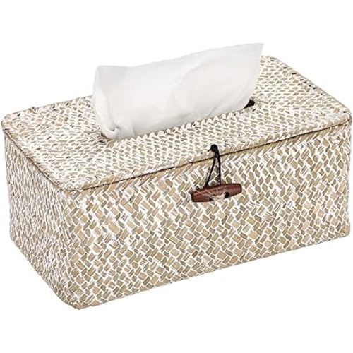 Sumnacon Rectangle Natural Seagrass Tissue Box Cover,Woven Tissue Box with Bottom,Farmhouse Tissue Box Holder for Living Room Bathroom Vanity Toilet Table Desk Countertop Office Car,Whitewash