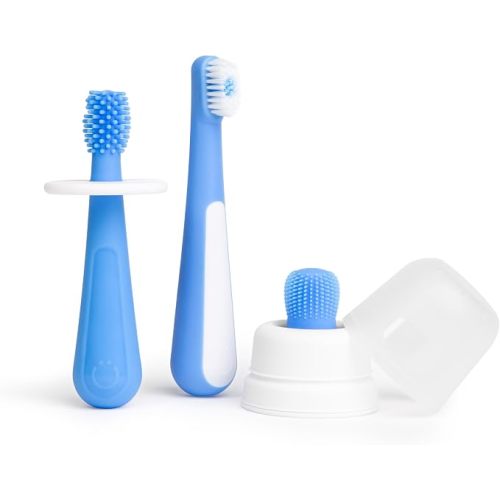Ubbi Grow with Me Toothbrush Training Set for Babies and Toddlers, Includes Silicone Finger Brush, 360° and Soft Bristled Toothbrush, Polaris Blue