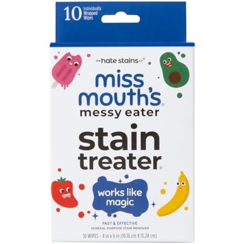 Miss Mouth's Messy Eater Stain Treater Wipes - 10 Pack Stain Remover Wipes- Newborn & Baby Essentials - No Dry Cleaning Food, Grease, Coffee Off Laundry, Fabric