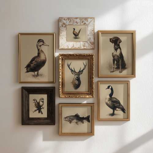Set of 7 Vintage Hunting Gallery Wall, Rustic Lodge Decor, Gift for Hunter, Stag Dog Duck Fish Sketch, Lake House Art, Digital Download