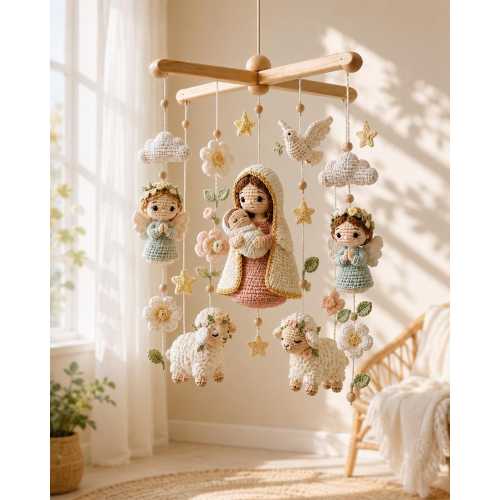 Crochet Virgin Mary Baby Mobile, Catholic Nursery Decor, Angel Lamb Crib Mobile, Baptism Gift, Christian Baby Shower Gift