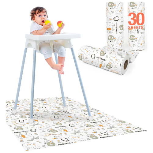 Minimono Disposable Splat Mat for Under High Chair - 30 Pack, 40"x47"| Waterproof Splash Mat for Floor | Baby Activity Mat for Indoor and Outdoor | Baby Lead Weaning Supplies | Catcher for Highchair