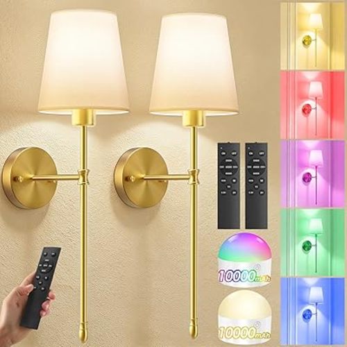 OCATO Battery Operated Wall Sconce: 10000mAh Wireless Wall Sconces Set of Two Rechargeable Lamp Dimmable Magnetic Lights with 7 RGB Colors and Remote Walls Decor for Bedroom Living Room Hallway
