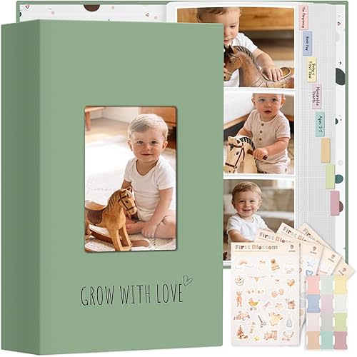 Vienrose Baby Photo Album 4x6 300 Pockets, Linen Cover Picture Album with Memo Area, Kids Photo Album for Baby Girl Boy, Newborn Family Memory Book Keepsake Green