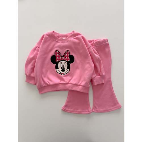 Toddler Disney Minnie Face Embroidery Puff Long SleeveSweatshirt and Flare Pants Set (1-6y) - Pink | AT NOON STORE