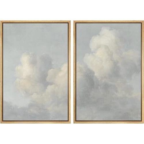 MUDECOR Framed Wall Art Print Set Elegant Cloudscape Vintage Soft Sky Illustrations Modern Minimalist Chic for Living Room, Bedroom, Office - 16"x24"x2 Natural