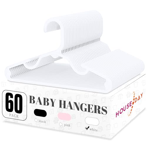 HOUSE DAY Plastic Baby Hangers for Closet 60 Pack, Durable Plastic Kids Hangers for Baby Clothes, Thin & Compact Childrens Hangers, Space Saving White Baby Hangers, Small Hangers for Kids Clothes