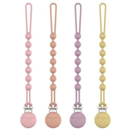 Cuddle Campus Silicone Pacifier Clip Holder with One Piece Design, Pack of 4 Soft Flexible Binky Clips with Texture for Baby Boy and Girl (Set 1, 4 Pack 0-6m Round)