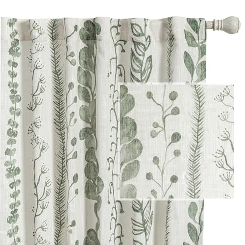 MEETSKY Sage Green Curtains 84 Inches Long 2 Panels Boho Curtains for Living Room Light Filtering Patterned Drapes for Bedroom Linen Style Back Tab Leaf Print Window Treatment, 50” Wide Each Panel