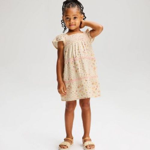 Toddler Girls' Floral Smocked Short Sleeve Dress - Cat & Jack™ Cream 3T