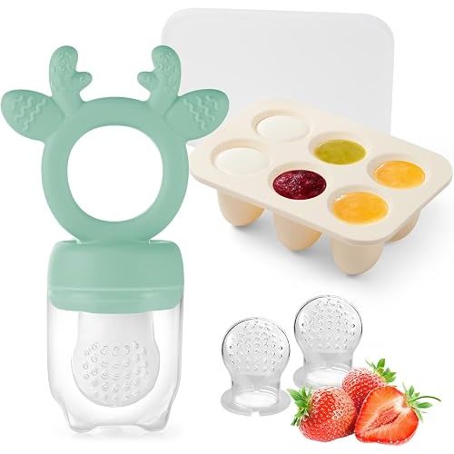 Powerwan Baby Fruit Food Feeder with Popsicle Mold, Cute Teething Toys Silicone Teethers for Babies 3-12 Months for Baby Feeding Gift