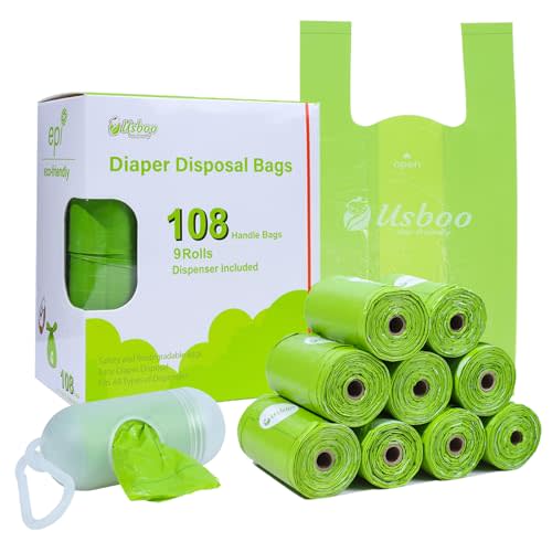 USBOO Disposable Diaper Bags for Baby, 9 Refill Rolls/108 Bags，OXO-Biodegradable Diaper Sacks with Dispenser,Easy-Tie Handles,Large Dirty Diaper Disposal or Pet Waste Bags