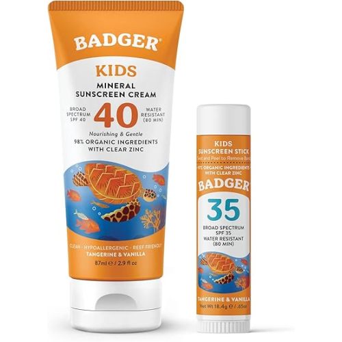 Badger Kids Mineral Sunscreen Combo, SPF 40 Cream + SPF 35 Kids Face Stick, Organic Sunscreens w/Mineral Zinc Oxide, Water Resistant, Reef Safe Broad Spectrum, Tangerine & Vanilla Scent, 2-Pack