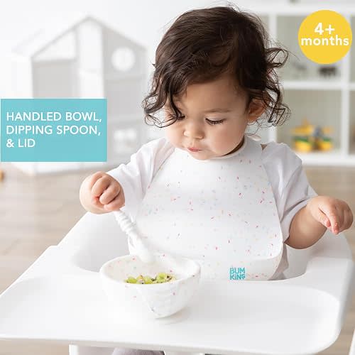 Bumkins Baby Bowls, Silicone Baby Feeding Set, Suction Bowls for Baby and Toddler with Spoon and Lid, First Feeding Set, Platinum Silicone Bowl for Babies 4 Months