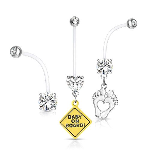 3pc Pregnancy Maternity Belly Button Ring Feet Baby on Board CZ (White)