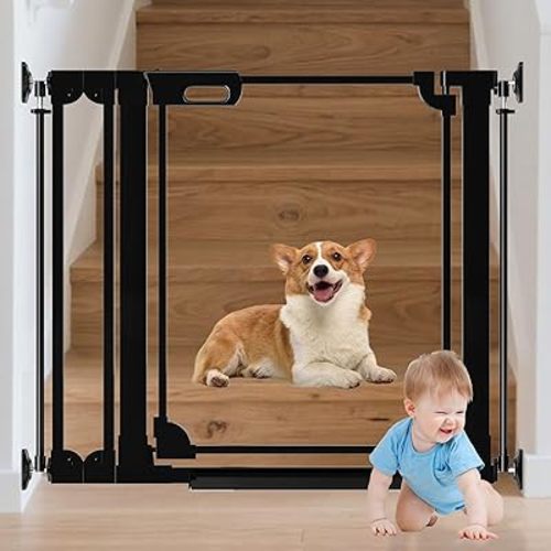 AiWMGL Clear Baby Gate 29.13-37.79" Wide Acrylic Safety Proof Dog Puppy Pet Barrier for Stairs, Transparent Adjustable Pressure Mounted No Drill Auto Close Indoor, Doorways, Hallway,Black