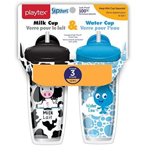 Playtex Sipsters Stage 3 Milk and Water Spill-Proof, Leak-Proof, Break-Proof Insulated Toddler Straw Sippy Cup Set, 9 Ounce - 2 Count