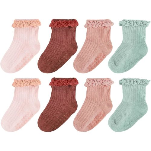 Baby Girl Ruffle Socks Non Slip Grip Socks Toddler Girls Cute Cotton Frilly Ankle Grippy Sock Newborn Infant Kids (US, Age, 0 Months, 6 Months, Baby Girls, 8 pairs - Pink,Peach,Burgundy,Green)