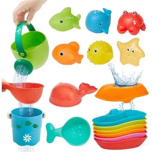 Baby Bath Toys for Kids Ages 1-3, 16PCS | Easy Clean Mold Free Bath Toys Toddlers 2-4 | Bathtub Pool Water Table Toys for Babies & Toddlers | Bath Boats Spoons Bucket Watering Can Tub Toy for Toddlers