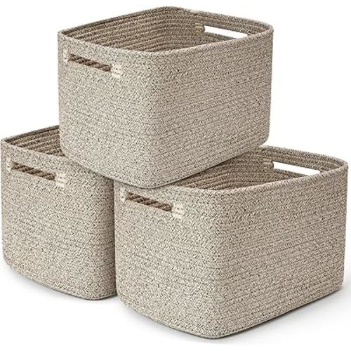 3 Pack Shelf Woven Storage Basket, 15 x 10 x 9” Closet Rope Baskets For Organizing, Square Bins with Handles, Brown