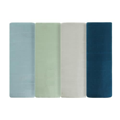Featherhead™ 100% Cotton Muslin Swaddle Blankets for Baby Girl - Large 47”x 47” - Pre-Washed, Soft, & Breathable - Newborn Essential & Perfect Baby Registry Gift (4 Pack - Blue Solids)