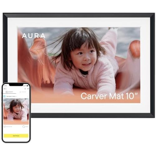 Aura Digital HD Picture Frame, Best Frame for Gifting, Carver, 10" Black (10" - Gravel Mat)