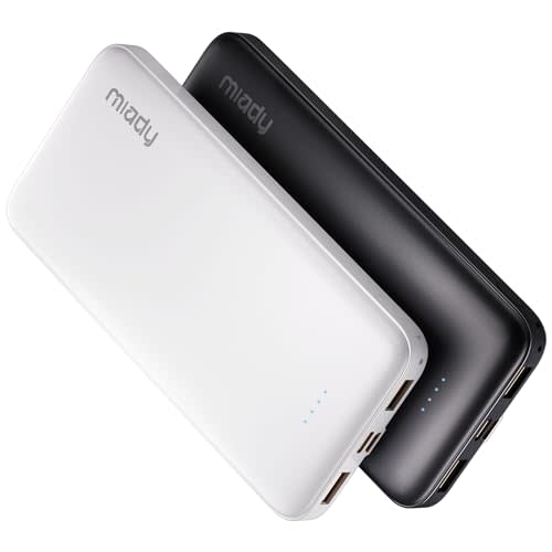 Miady 2-Pack Portable Charger, Slim 10000mAh Power Bank Dark Black+White | 37Wh丨Dual USB丨3 Outputs 2 Inputs丨Slim丨Compatible with iPhone 17 16 Galaxy S24 Android Tablets etc丨Flight-Safe丨Black+White