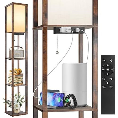 OUTON Floor Lamp with Shelves, Dimmable Shelf Floor Lamp with Remote, 1USB & 1 Type C Ports, 1 Power Outlet, Modern Standing Lamp with 4 Color Temperature for Living Room, Bedroom, Vintage