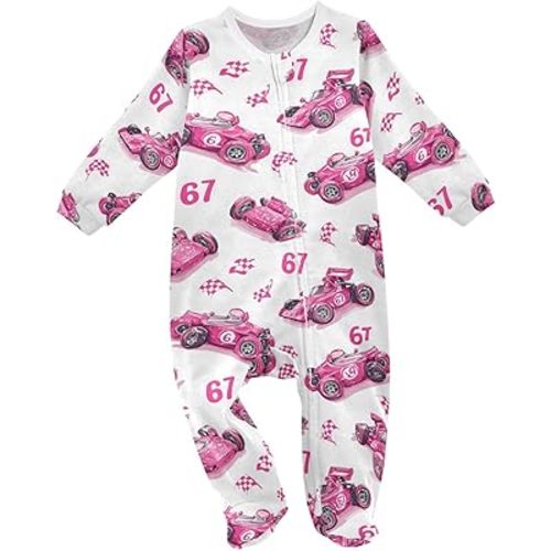 Caikeny Baby One-Piece Footies Race Car Checkered Flag Number 67 Pink Newborn Rompers Pajamas Zip Front Pjs for Boys Girls