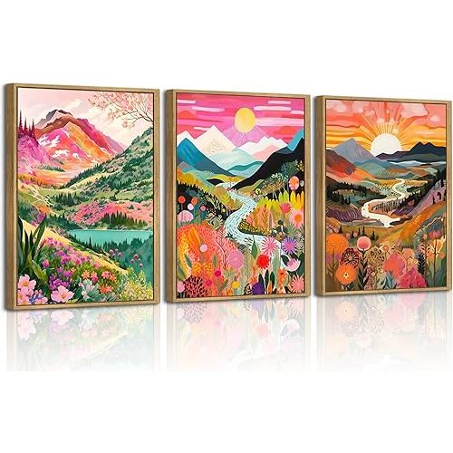 3Pcs Framed Canvas Colorful Watercolor Mountain Wall Art Boho Floral Painting Picture Wall Decor Abstract Nature Landscape Poster Print Artwork for Living Room Bedroom Bathroom Office Home Decoration