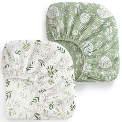 2 Pack Baby Muslin Crib Sheets for Boys Girls 52" x 28" (Green Leaf) | 100% Cotton, Soft and Breathable, Fitted Baby Sheets for Standard Crib Mattress, Neutral Toddler Bed Sheets, Baby Gifts