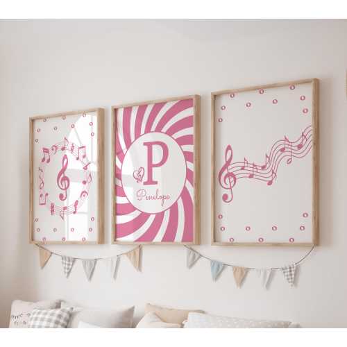 Custom Music Prints, Set of 3 Pink Notes Nursery Wall Art, Boho, Baby Girl Nursery Decor, Watercolor Music Notes, Personalized Name Sign