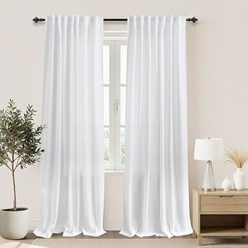 KOUFALL White Linen Sheer Curtains 84 Inches Long for Bedroom Living Room,Semi Transparent Light Filtering Not See Through Sliding Glass Door Curtains 2 Panel Sets 84 Inch Length