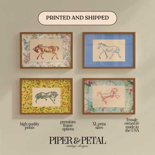Equestrian Wall Art: Vintage Floral Prints - Framed Set of 4
