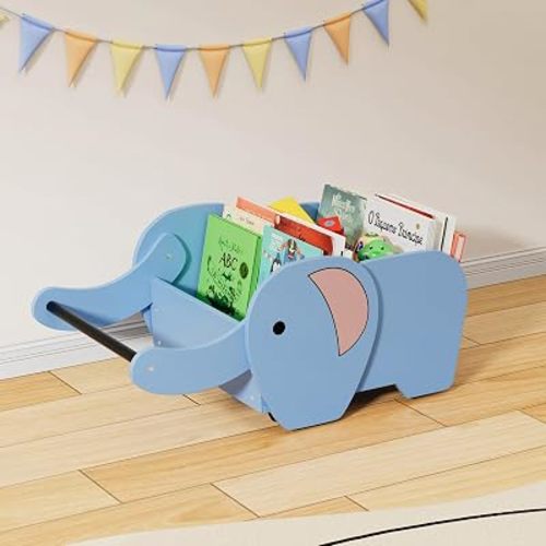 HAVLOTII Montessori Kids Bookshelf, Wooden Elephant Toddler Baby Book Shelf