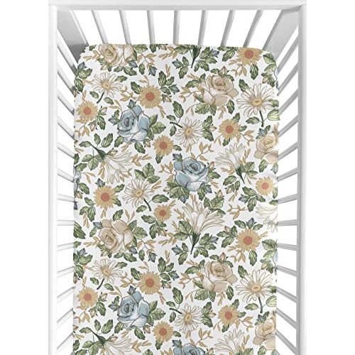 Sweet Jojo Designs Fitted Baby Crib Sheets (Vintage Boho Floral) for Girls, Infant Nursery, Toddler Room -Standard Size (Blue & Yellow, Shabby Chic Flower, Rose, Watercolor Garden, Bohemian Farmhouse)