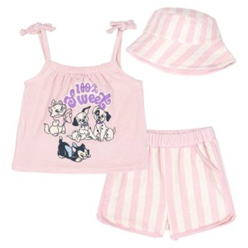 Disney Classics Newborn Baby Girls Loop Terry Cloth Square Neck Tank Top, Dolphin Shorts and Bucket Sun Hat 3 Piece Outfit Set Pink 6-9 Months