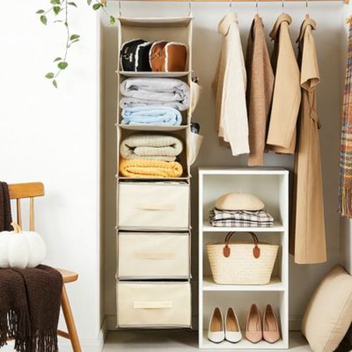 6-Shelf 12x12x47"Hanging Closet Organizer with 3 Foldable Drawers, Non-Woven Fabric Closet Storage with Metal Hooks & Bamboo Support Strips, Beige