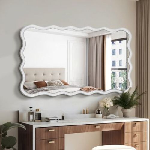 Lycvki 40" x 28" Solid Wood Wavy Rectangle Wall Decor Mirror