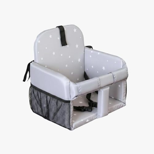 High Chair Insert & Shopping Cart Seat for Baby, Padded Seat Insert with Safety Buckle for Restaurant High Chairs, Grocery Carts, Foldable Portable, 4+ Months, Grey Stars